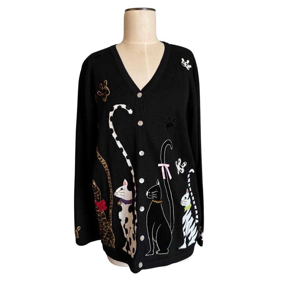 Vintage Berek Cardigan Sweater Womens XL Black Novelty Applique Cats